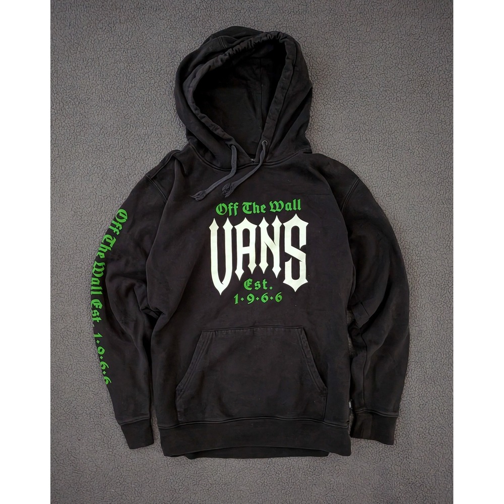 Vans Off The Wall Est 1966 Black Hoodie Neon Green Graphic Mens Medium
